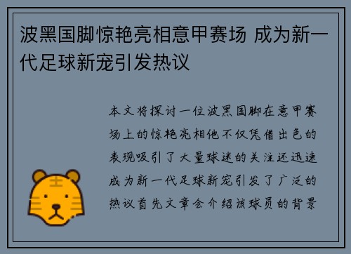 波黑国脚惊艳亮相意甲赛场 成为新一代足球新宠引发热议