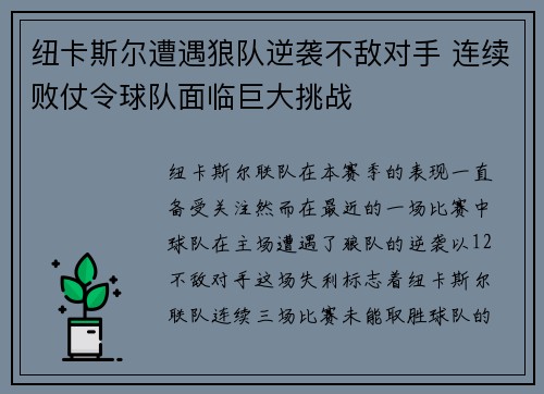 纽卡斯尔遭遇狼队逆袭不敌对手 连续败仗令球队面临巨大挑战