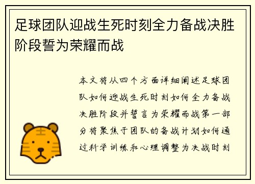 足球团队迎战生死时刻全力备战决胜阶段誓为荣耀而战