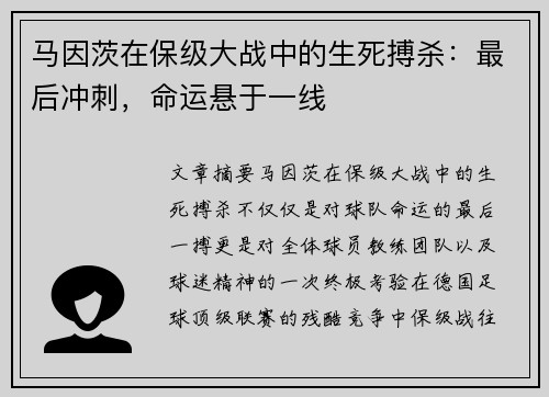 马因茨在保级大战中的生死搏杀：最后冲刺，命运悬于一线