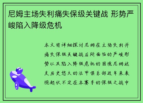 尼姆主场失利痛失保级关键战 形势严峻陷入降级危机