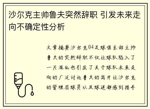 沙尔克主帅鲁夫突然辞职 引发未来走向不确定性分析