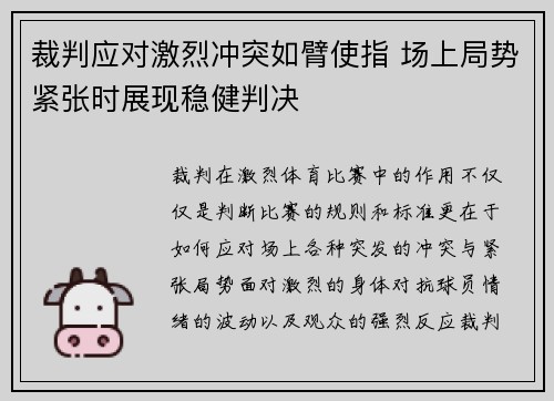 裁判应对激烈冲突如臂使指 场上局势紧张时展现稳健判决