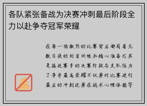 各队紧张备战为决赛冲刺最后阶段全力以赴争夺冠军荣耀