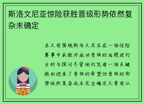 斯洛文尼亚惊险获胜晋级形势依然复杂未确定