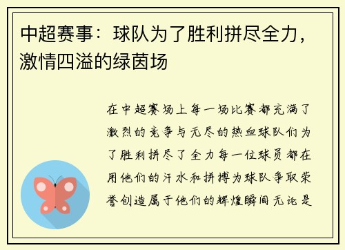 中超赛事：球队为了胜利拼尽全力，激情四溢的绿茵场