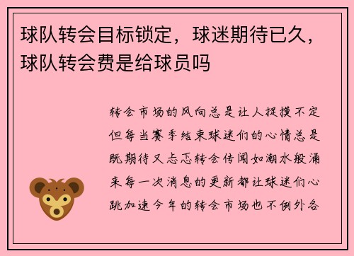 球队转会目标锁定，球迷期待已久，球队转会费是给球员吗