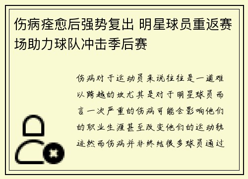 伤病痊愈后强势复出 明星球员重返赛场助力球队冲击季后赛