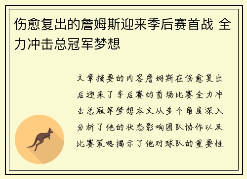 伤愈复出的詹姆斯迎来季后赛首战 全力冲击总冠军梦想
