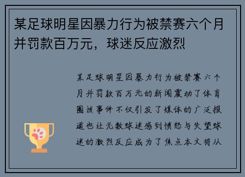 某足球明星因暴力行为被禁赛六个月并罚款百万元，球迷反应激烈